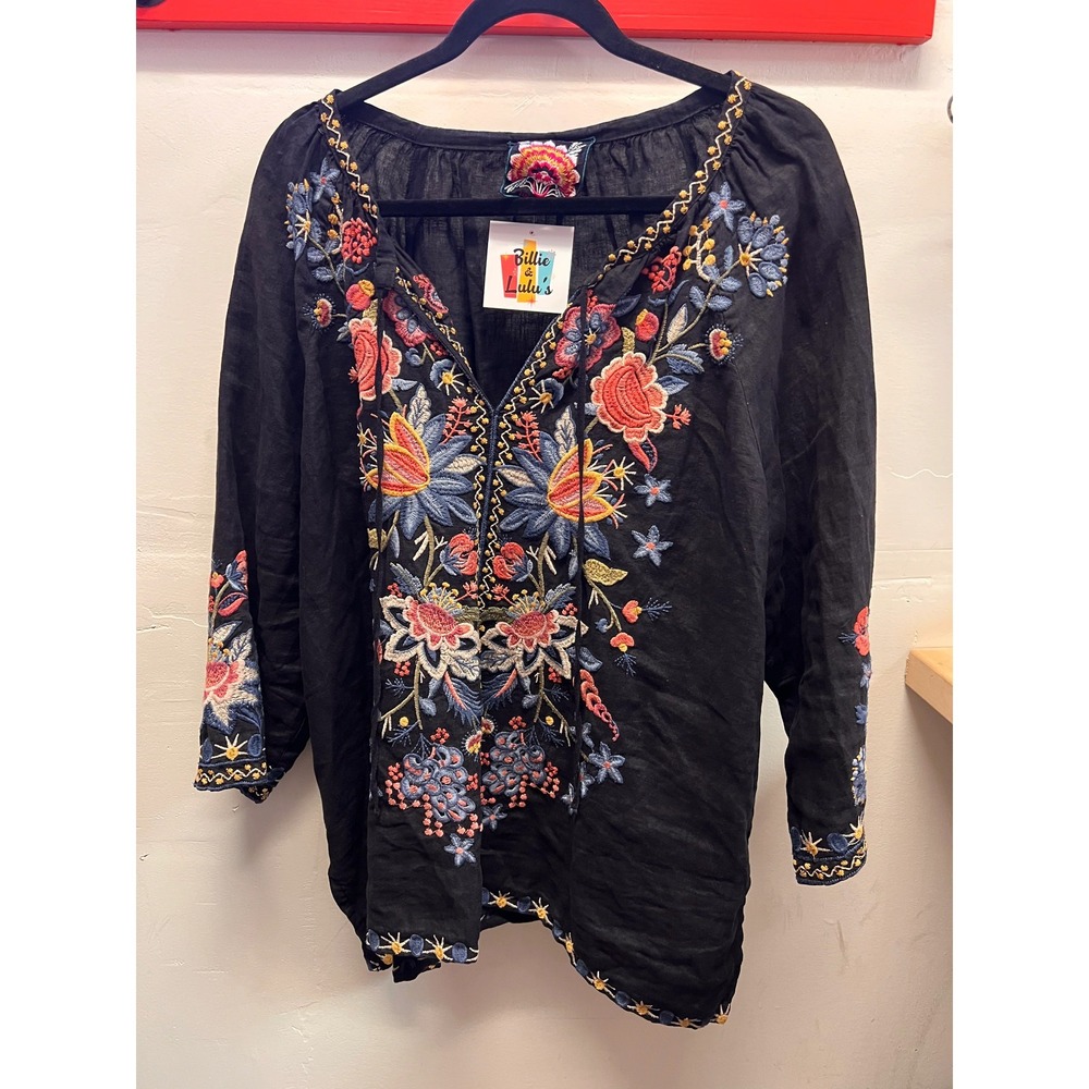Johnny Was Black Heavily Embroidered Peach and Bluye Flowers Blouse